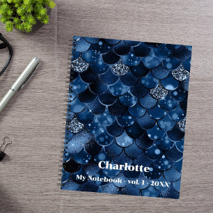 Dark blue mermaid scales name notebook