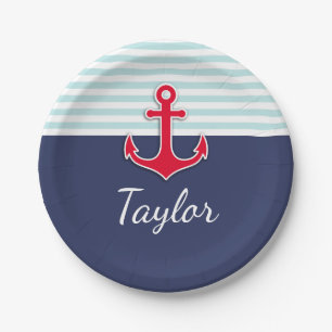 Dark Blue Mint Striped Red Anchor Custom Text Paper Plate