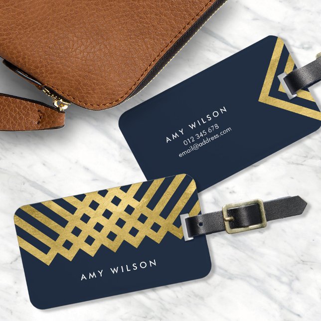 Dark Blue Modern & Faux Gold Geometric Luggage Tag (Creator Uploaded)
