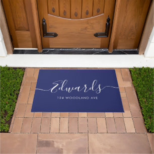 Dark Blue Modern Script Personalised Doormat