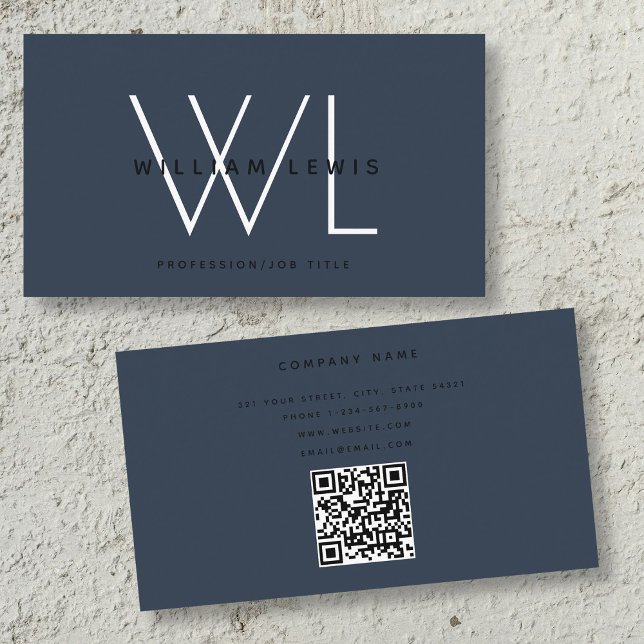 Dark Blue Monogram Modern Minimalist QR Code Business Card (Dark Blue Monogram Modern Minimalist QR Code Business Card)