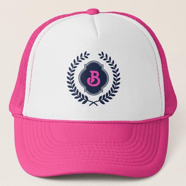 Dark Blue Monogramed Badge Trucker Hat (Front)