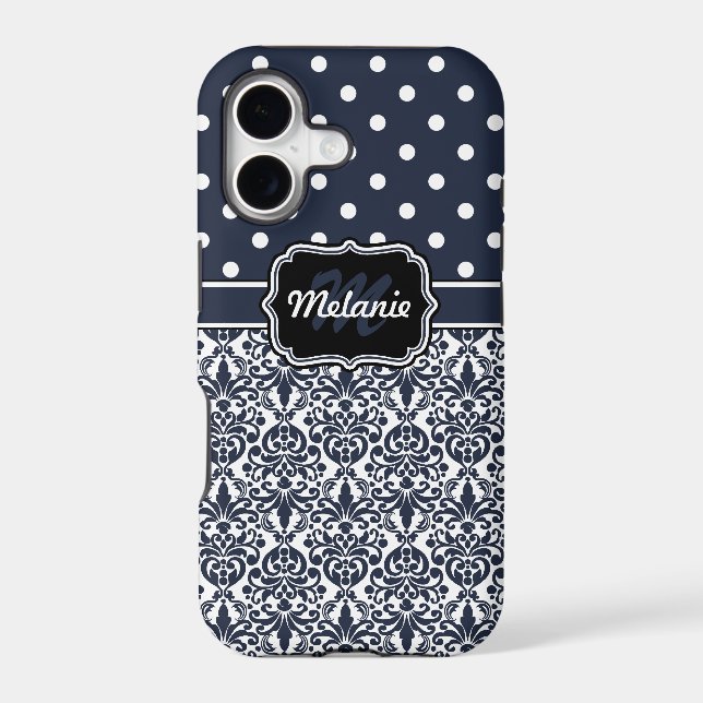 Dark Blue Monogrammed Damask Polka Dots Pattern (Back)