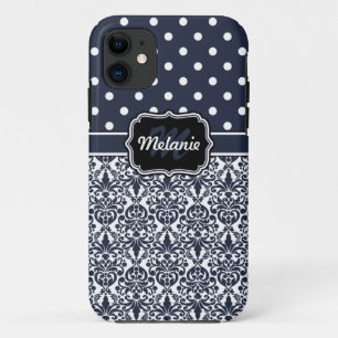 Dark Blue Monogrammed Damask Polka Dots Pattern iPhone 11 Case