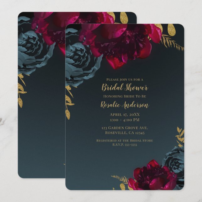 Dark Blue Moody Floral Gold Greenery Bridal Shower Invitation (Front/Back)
