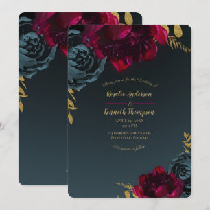 Dark Blue Moody Floral Gold Greenery Wedding Invitation