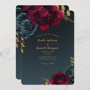 Dark Blue Moody Floral Gold Greenery Wedding Invitation