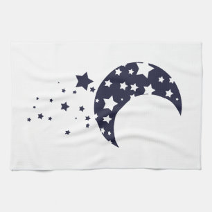 Dark blue moon and stars silhouette magical sky tea towel