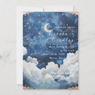 Dark Blue Moon & Cloud Celestial Wedding Invitation