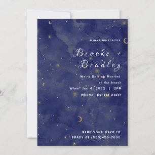 Dark Blue Moon & Stars Celestial Wedding Invitation