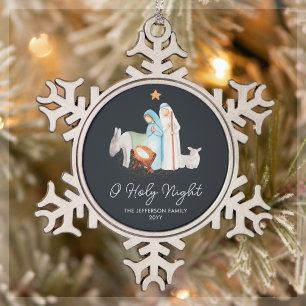 Dark Blue Nativity Manger Religious Snowflake Pewter Christmas Ornament