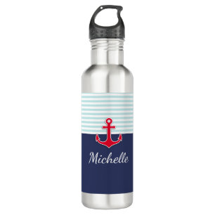 Dark Blue Nautical Red Anchor Personalised 710 Ml Water Bottle
