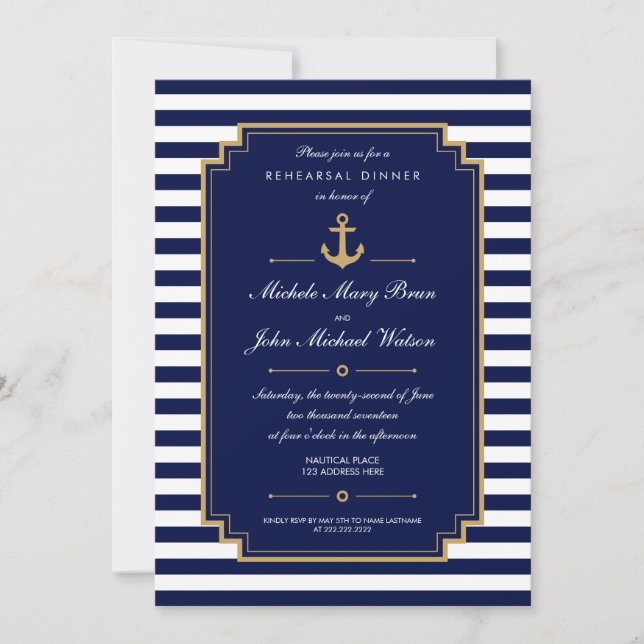 Dark Blue Nautical Rehearsal Dinner Invitation (Front)
