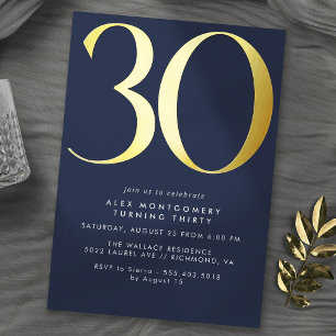 Dark Blue Navy and Gold   Modern 30th Birthday
