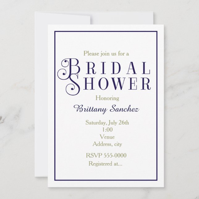 Dark Blue Navy Bridal Shower Classy Invitation (Front)