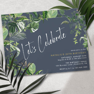 Dark Blue Navy Chic Tropical Theme Adult Birthday Invitation