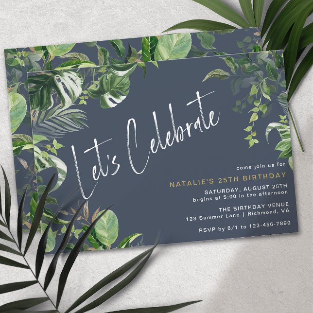 Dark Blue Navy Chic Tropical Theme Adult Birthday Invitation (Creator Uploaded)