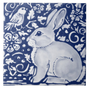 Dark Blue Navy Cobalt Rabbit Bird Chinoiserie  Ceramic Tile