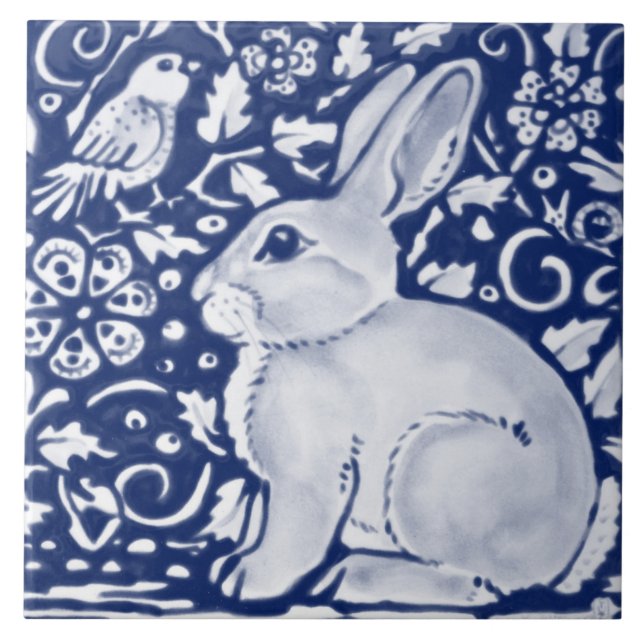 Dark Blue Navy Cobalt Rabbit Bird Chinoiserie  Ceramic Tile (Front)