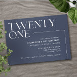 Dark Blue Navy | Cool Modern 21st Birthday Party Invitation<br><div class="desc">Modern 21st birthday invitations with large heading "twenty one" text in an accent font. Off-centre design with white font on a contrasting dark blue background.</div>