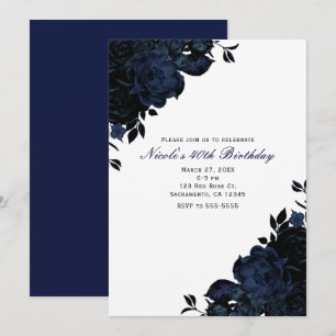 Dark Blue Navy Flowers Floral Gothic Invitations