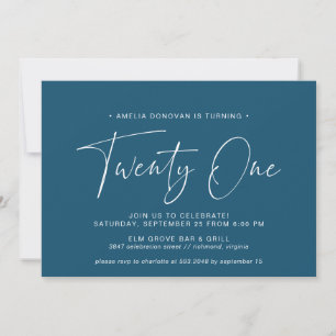 Dark Blue Navy Simple Script 21st Birthday Party Invitation