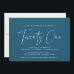 Dark Blue Navy | Simple Script 21st Birthday Party Invitation<br><div class="desc">Modern 21st birthday invitations with "twenty one" in a handwritten script. Simplistic text-only design with white font on dark blue background.</div>