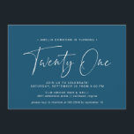Dark Blue Navy | Simple Script 21st Birthday Party Invitation<br><div class="desc">Modern 21st birthday invitations with "twenty one" in a handwritten script. Simplistic text-only design with white font on dark blue background.</div>