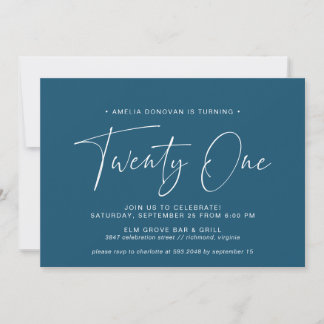 Dark Blue Navy | Simple Script 21st Birthday Party Invitation