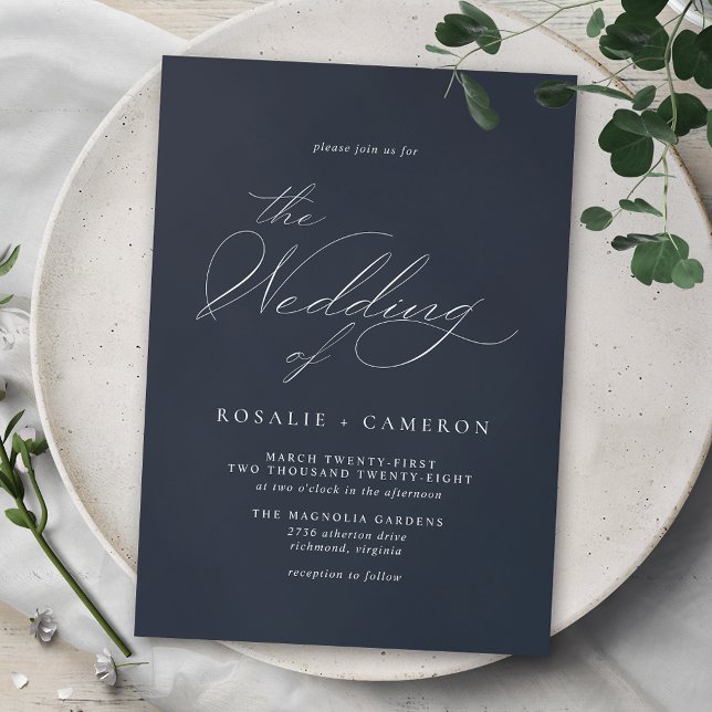 Dark Blue Navy | Simple Vintage Script Wedding Invitation (Creator Uploaded)