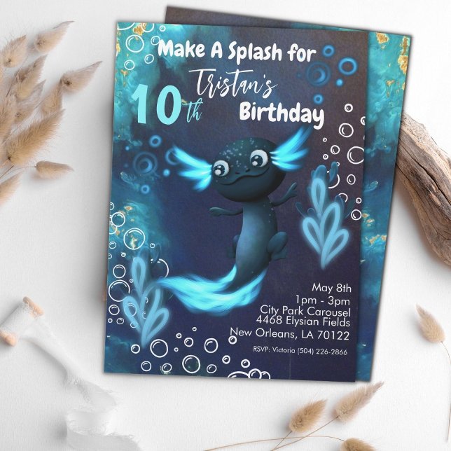 Dark Blue Neon Axolotl Birthday Party Invitation (Creator Uploaded)