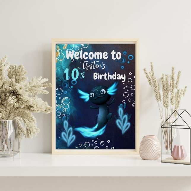 Dark Blue Neon Axolotl Birthday Party Poster (Creator Uploaded)