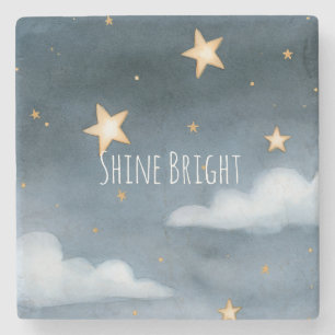 Dark Blue Night Sky Gold Stars Shine Bright Stone Coaster