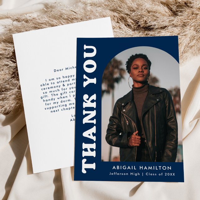 Dark Blue Offset Arch Photo Graduation Thank You Card (Creator Uploaded)