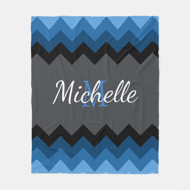 Dark Blue Ombre Chevrons Monogram Fleece Blanket (Front)