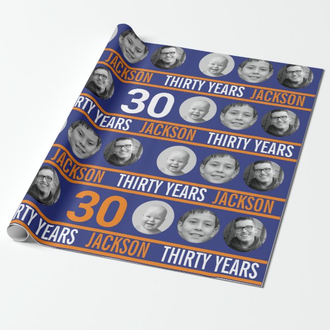 Dark blue orange 30th photo birthday  wrapping paper (Unrolled)