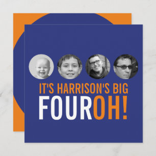 Dark blue orange 40th FOUROH! photo birthday Invitation