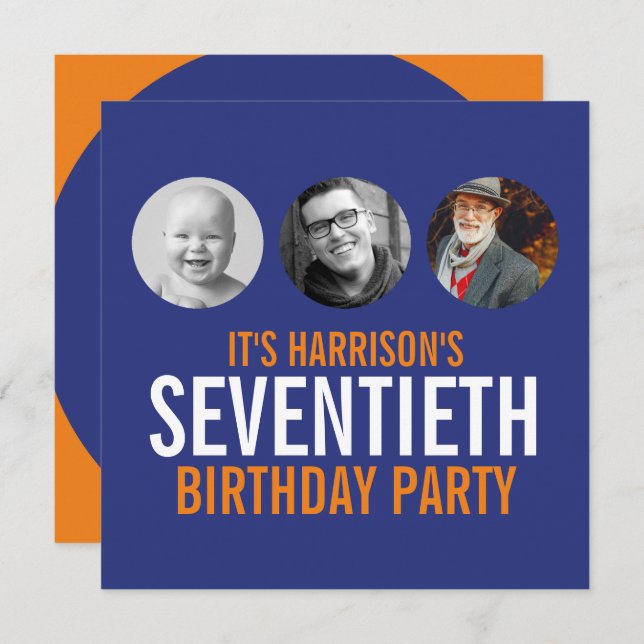 Dark blue orange 70th photo birthday invitation (Front/Back)