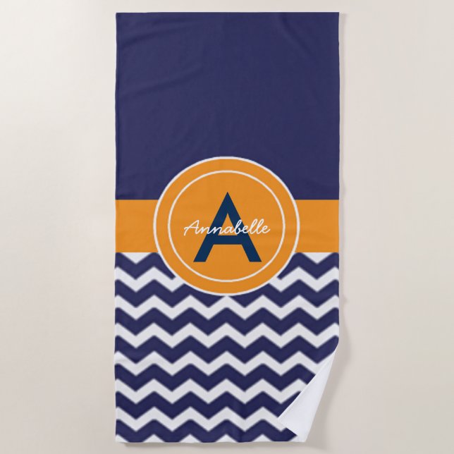 Dark Blue Orange Chevron Beach Towel (Front)