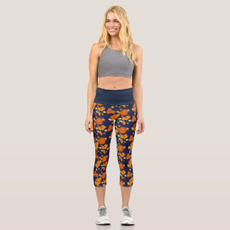 dark blue orange flowers pattern capri leggings