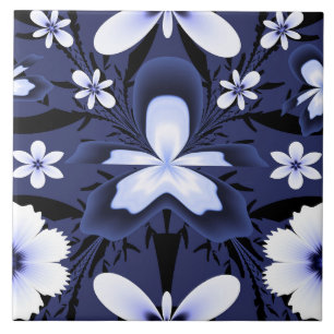 Dark Blue Orchid Elegant Flowers Fractal Pattern Ceramic Tile