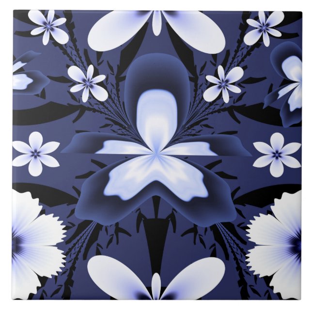 Dark Blue Orchid Elegant Flowers Fractal Pattern Ceramic Tile (Front)