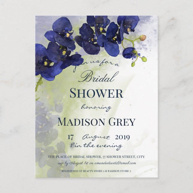Dark Blue Orchid Watercolor Bridal Shower Postcard (Front)