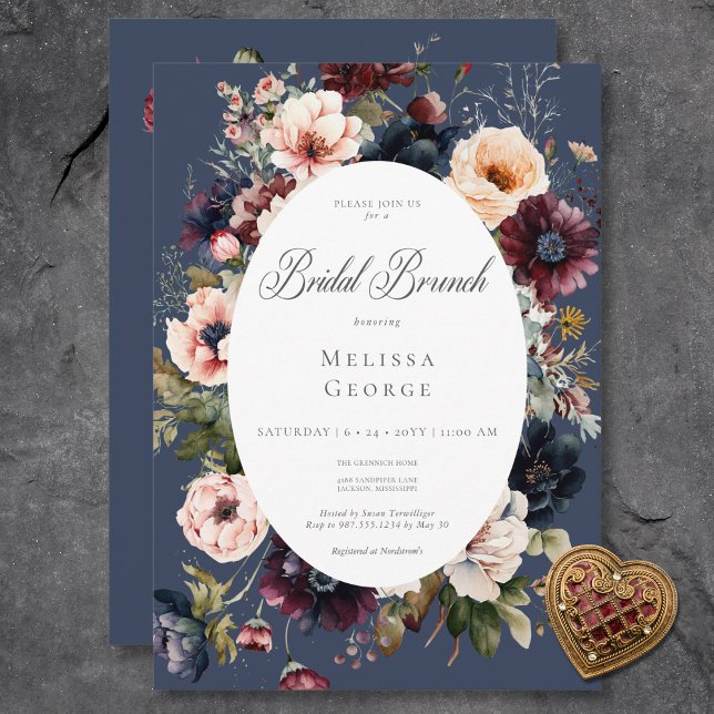 Dark Blue Oval Floral Frame Bridal Brunch Invitation (Dark Blue Oval Floral Frame Bridal Brunch Invitation)