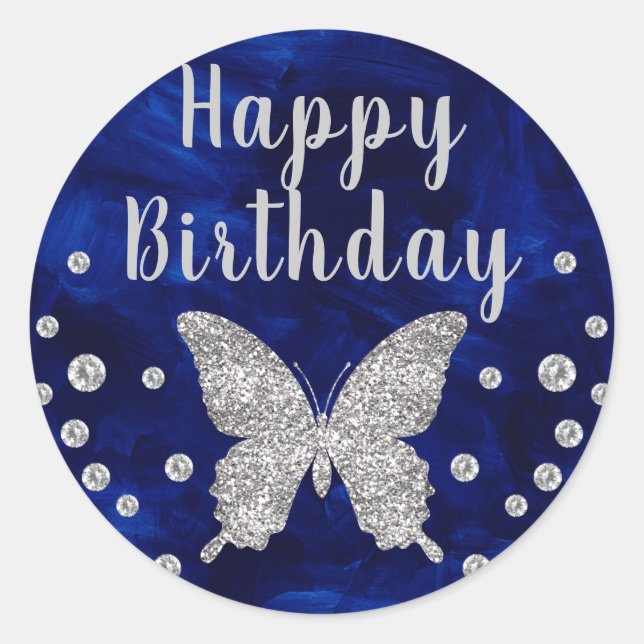 Dark Blue paintbrush and Silver Butterfly Birthday Classic Round Sticker (Front)