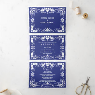 Dark blue papel picado love birds wedding Tri-Fold invitation