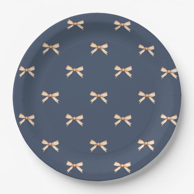 Dark Blue Paper Plate with Gold Bow Pattern (Front)