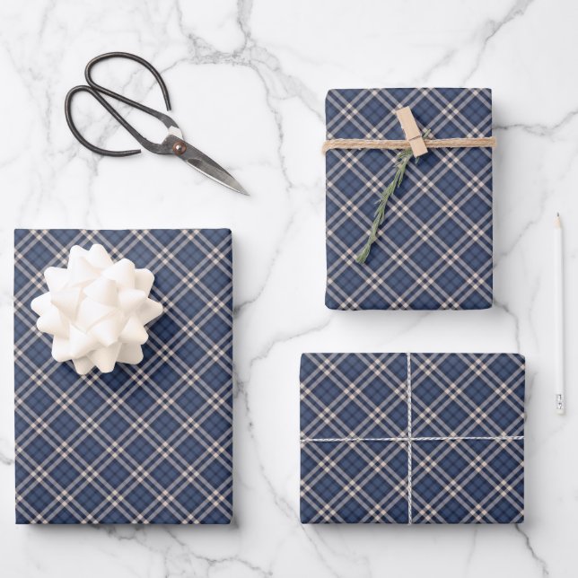 Dark Blue & Pastel Grey Plaid Tartan Pattern Wrapping Paper Sheet (Front)