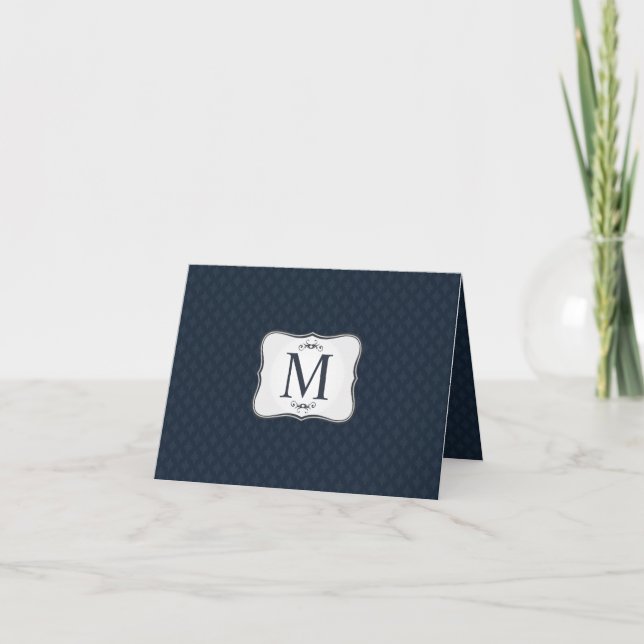 Dark Blue Pattern – Classy Men’s Monogram Note Card (Front)