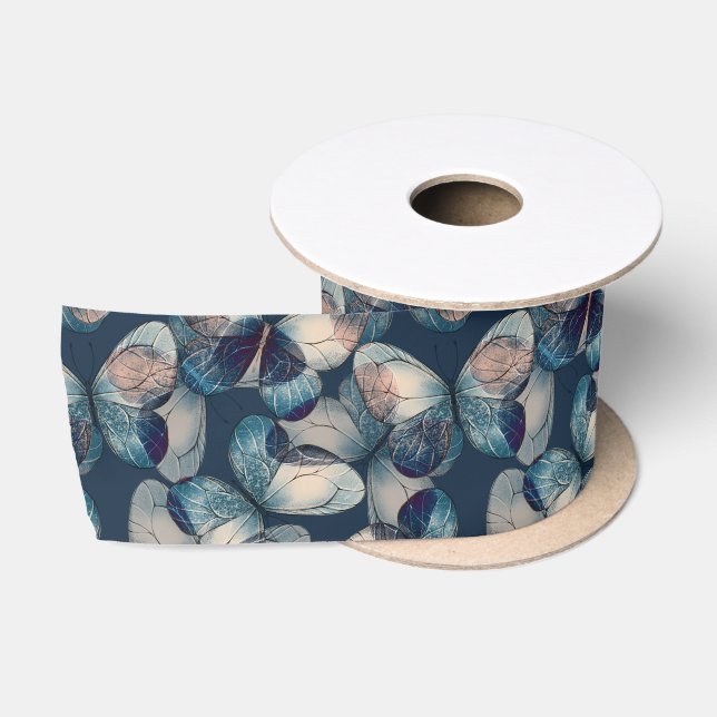 Dark blue pattern with buttreflies satin ribbon (Spool)